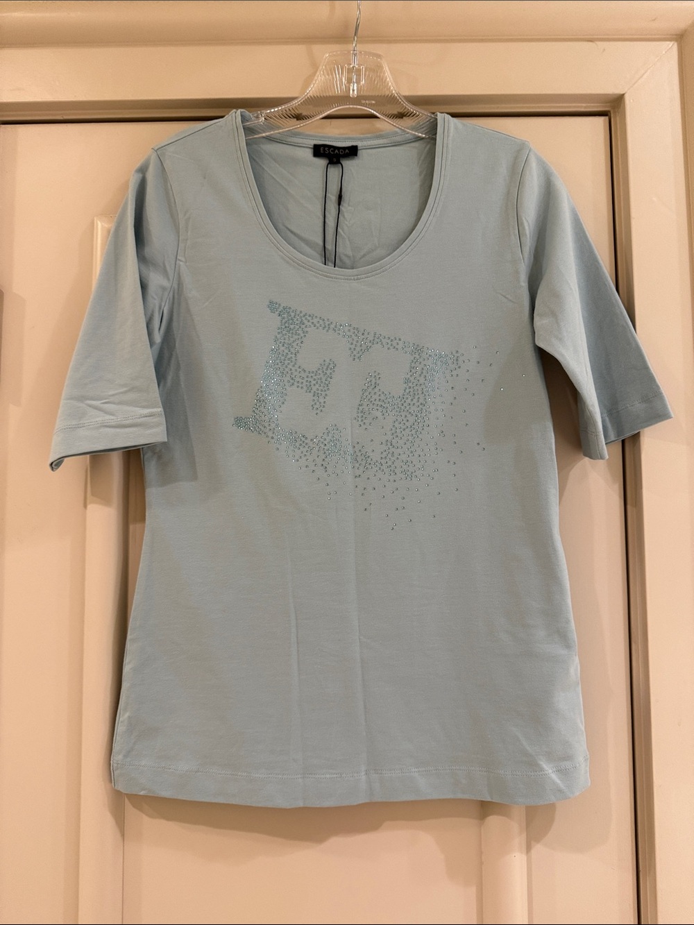 Escada Powder Blue Scoop Neck Short Sleeve Tee with Crystal Logo